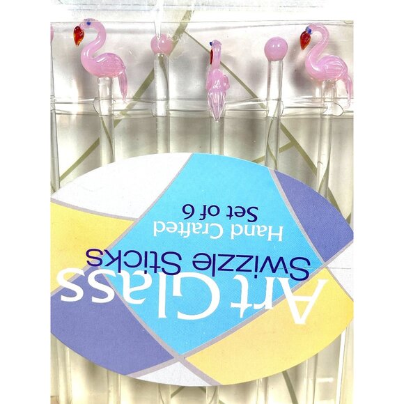 Handcrafted Art Glass Pink Flamingo Swizzle Sticks Cocktail Barware Set Of 6 - Picture 6 of 9